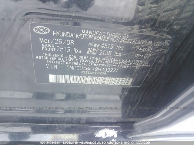 5NPEU46FX9H439221 - 2009 HYUNDAI SONATA SE/LIMITED BLACK photo 9