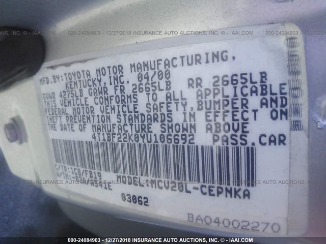 4T1BF22K0YU106692 - 2000 TOYOTA CAMRY LE/XLE 银色 照片 9