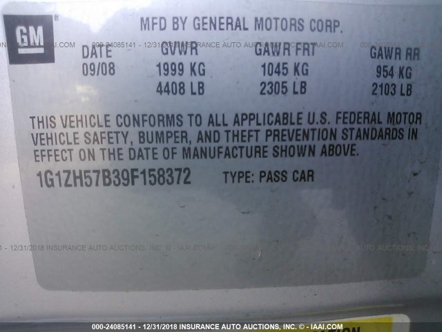 1G1ZH57B39F158372 - 2009 CHEVROLET MALIBU 1LT WHITE photo 9