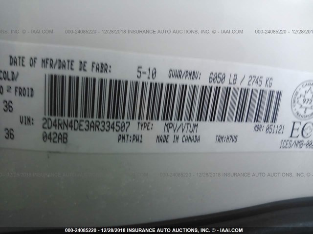 2D4RN4DE3AR334507 - 2010 DODGE GRAND CARAVAN SE WHITE photo 9