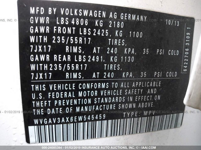 WVGAV3AX6EW545459 - 2014 VOLKSWAGEN TIGUAN S/SE/SEL/R-LINE WHITE photo 9