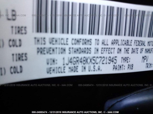 1J4GR48KX5C721945 - 2005 JEEP GRAND CHEROKEE LAREDO/COLUMBIA/FREEDOM 黑色 照片 9