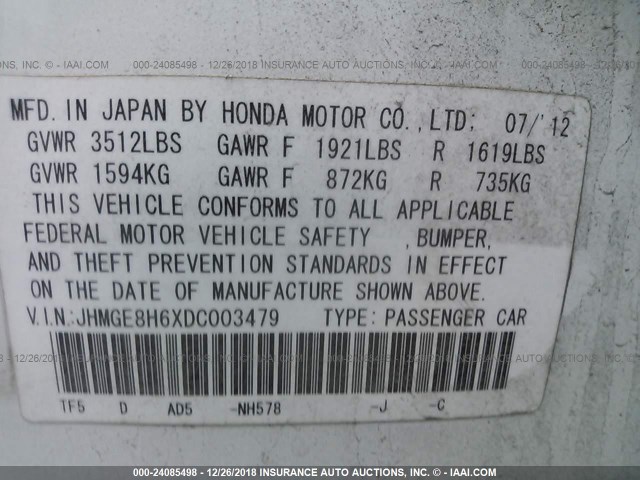 JHMGE8H6XDC003479 - 2013 HONDA FIT SPORT WHITE photo 9