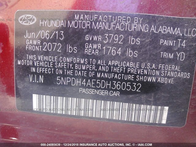 5NPDH4AE5DH360532 - 2013 HYUNDAI ELANTRA GLS/LIMITED RED photo 9