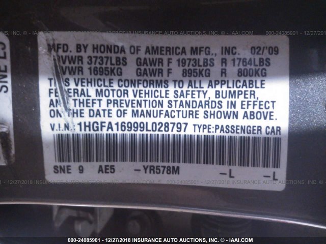 1HGFA16999L028797 - 2009 HONDA CIVIC EXL GRAY photo 9