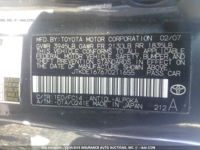 JTKDE167670211655 - 2007 TOYOTA SCION TC 黑色 照片 9