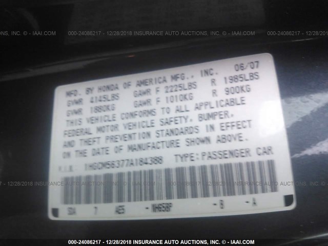 1HGCM56377A184388 - 2007 HONDA ACCORD GRAY photo 9