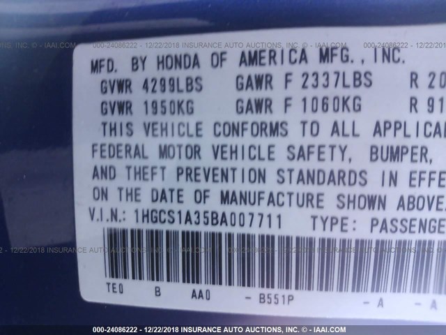 1HGCS1A35BA007711 - 2011 HONDA Accord LX-S BLUE photo 9