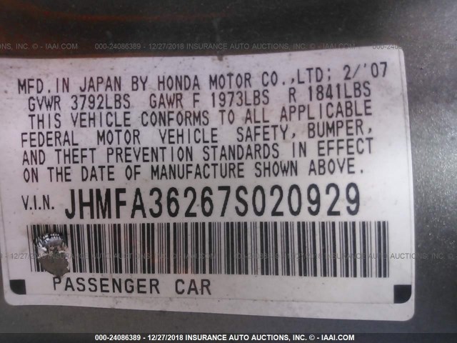 JHMFA36267S020929 - 2007 HONDA CIVIC HYBRID Pewter photo 9