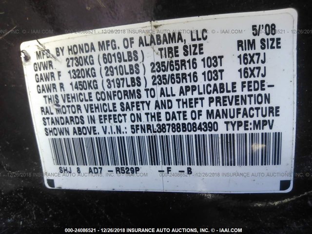 5FNRL38788B084390 - 2008 HONDA ODYSSEY EXL RED photo 9