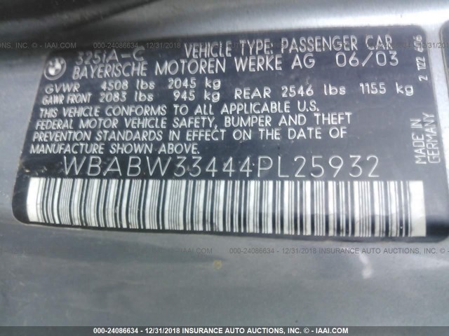 WBABW33444PL25932 - 2004 BMW 325 CI GRAY photo 9