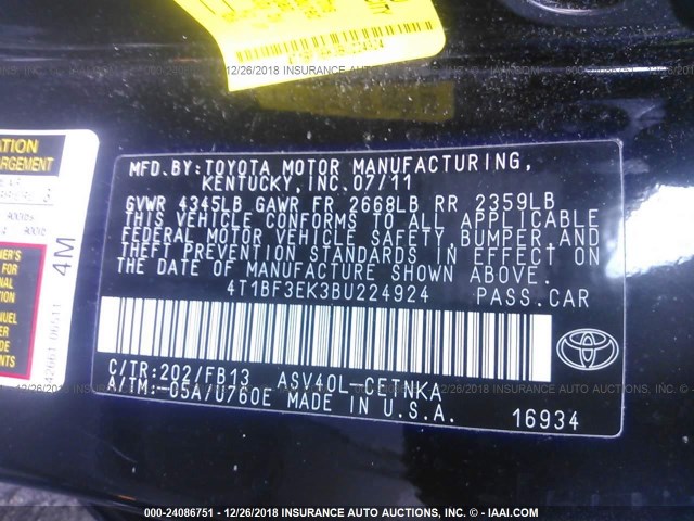 4T1BF3EK3BU224924 - 2011 TOYOTA CAMRY SE/LE/XLE BLACK photo 9