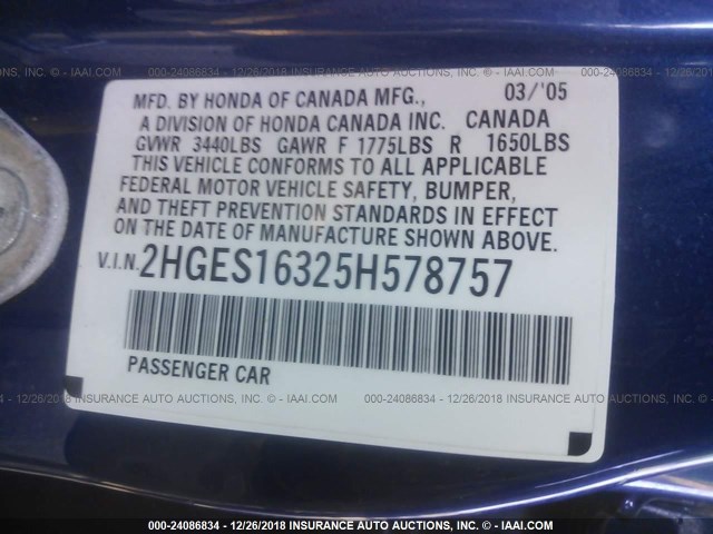 2HGES16325H578757 - 2005 HONDA CIVIC DX VP BLUE photo 9