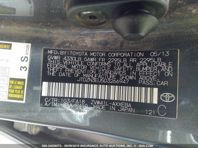 JTDZN3EU5D3266947 - 2013 TOYOTA PRIUS V GRAY photo 9