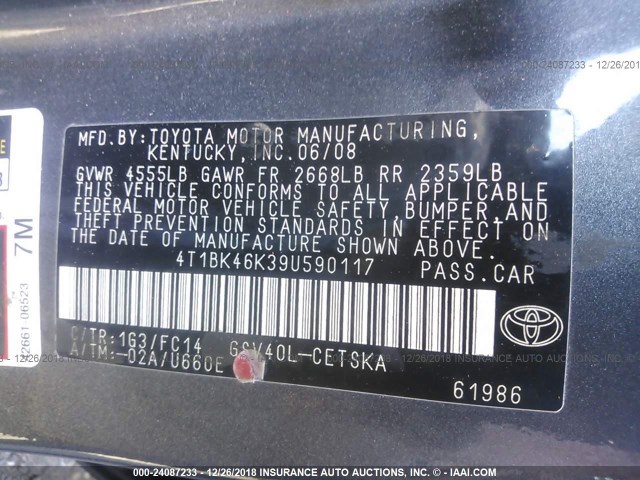 4T1BK46K39U590117 - 2009 TOYOTA CAMRY SE/LE/XLE GRAY photo 9