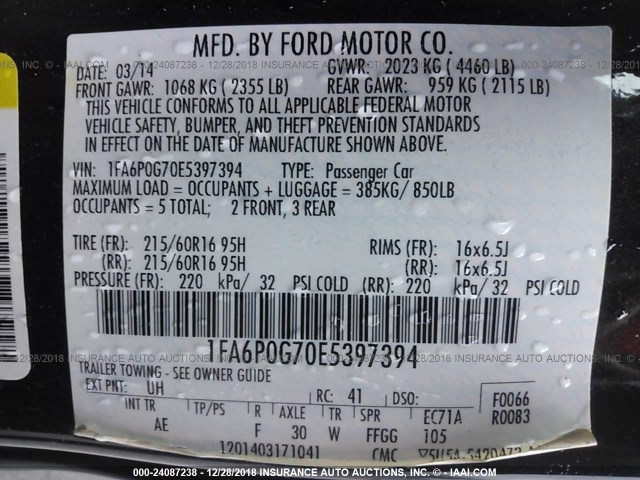 1FA6P0G70E5397394 - 2014 FORD FUSION S BLACK photo 9