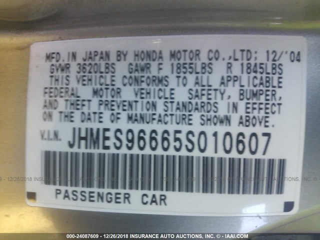 JHMES96665S010607 - 2005 HONDA CIVIC HYBRID SILVER photo 9