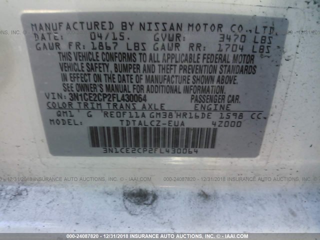 3N1CE2CP2FL430064 - 2015 NISSAN VERSA NOTE S/S PLUS/SV/SL/SR WHITE photo 9