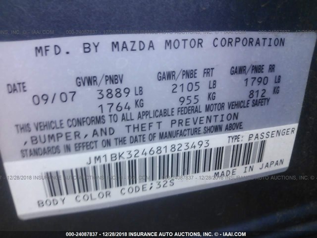 JM1BK324681823493 - 2008 MAZDA 3 S GRAY photo 9