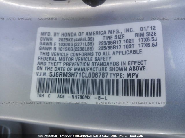 5J6RM3H71CL006787 - 2012 HONDA CR-V EXL SILVER photo 9