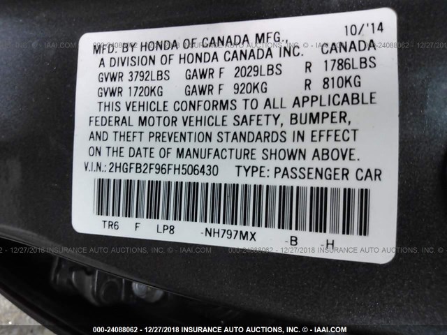 2HGFB2F96FH506430 - 2015 HONDA CIVIC EXL GRAY photo 9