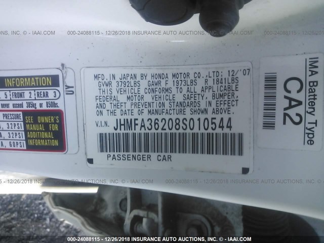 JHMFA36208S010544 - 2008 HONDA CIVIC HYBRID Unknown photo 9