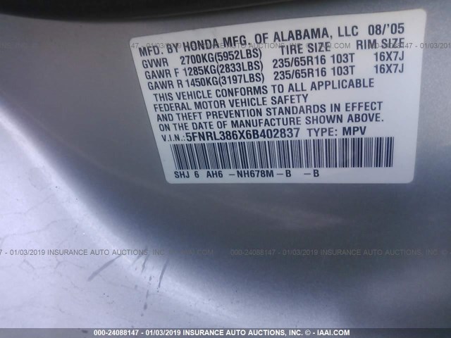 5FNRL386X6B402837 - 2006 HONDA ODYSSEY EXL SILVER photo 9