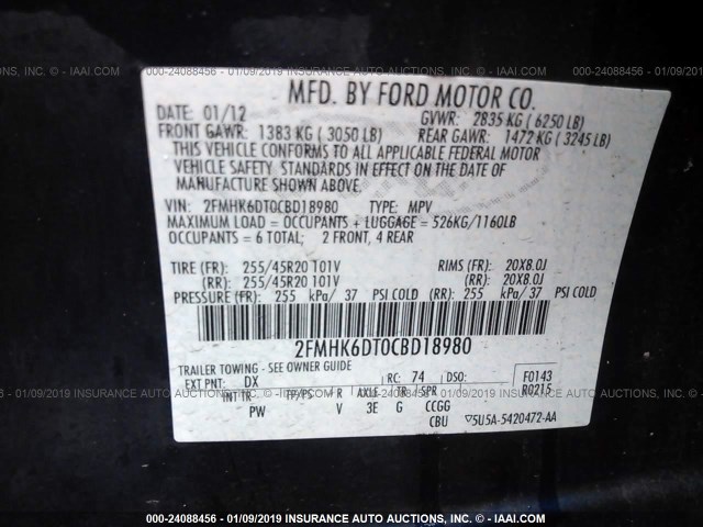 2FMHK6DT0CBD18980 - 2012 FORD FLEX LIMITED BLUE photo 9