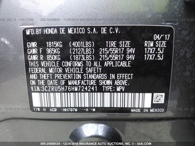 3CZRU5H76HM724241 - 2017 HONDA HR-V EXL GRAY photo 9