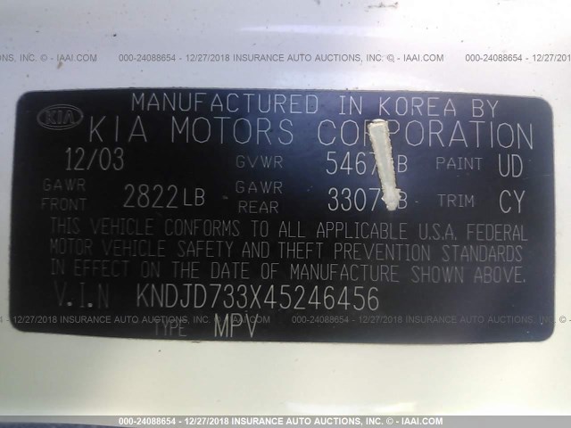 KNDJD733X45246456 - 2004 KIA SORENTO EX/LX WHITE photo 9