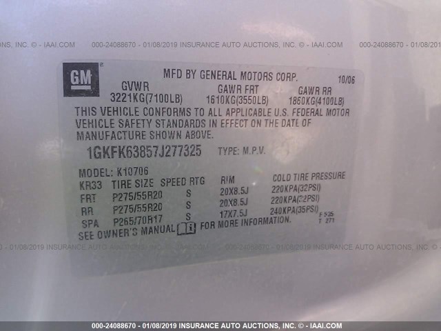 1GKFK63857J277325 - 2007 GMC YUKON DENALI TAN photo 9