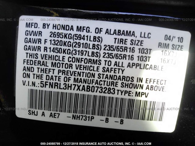 5FNRL3H7XAB073283 - 2010 HONDA ODYSSEY EXL BLACK photo 9