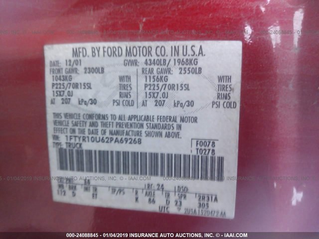 1FTYR10U62PA69268 - 2002 FORD RANGER RED photo 9