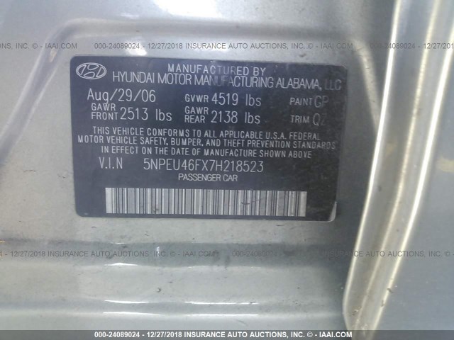 5NPEU46FX7H218523 - 2007 HYUNDAI SONATA SE/LIMITED GREEN photo 9