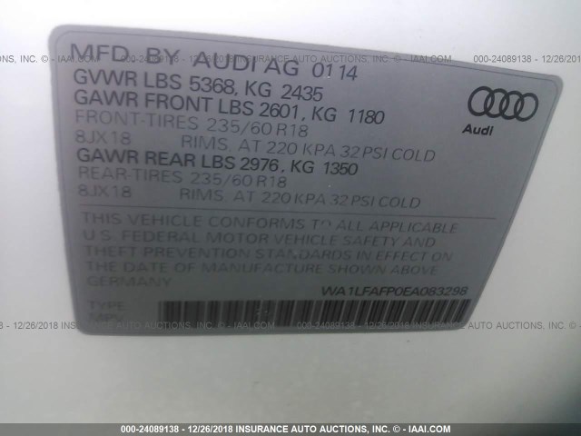 WA1LFAFP0EA083298 - 2014 AUDI Q5 PREMIUM PLUS WHITE photo 9