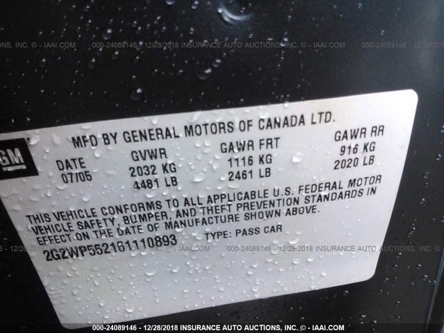 2G2WP552161110893 - 2006 PONTIAC GRAND PRIX BLUE photo 9