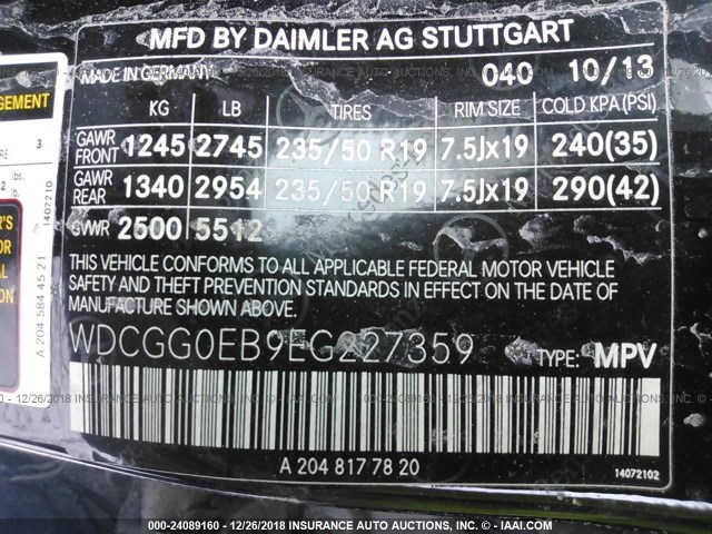 WDCGG0EB9EG227359 - 2014 MERCEDES-BENZ GLK 250 BLUETEC BLACK photo 9