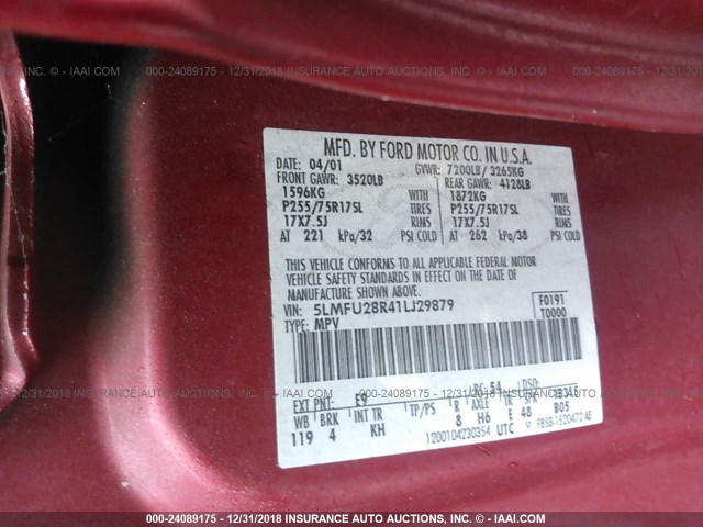 5LMFU28R41LJ29879 - 2001 LINCOLN NAVIGATOR 红色 照片 9