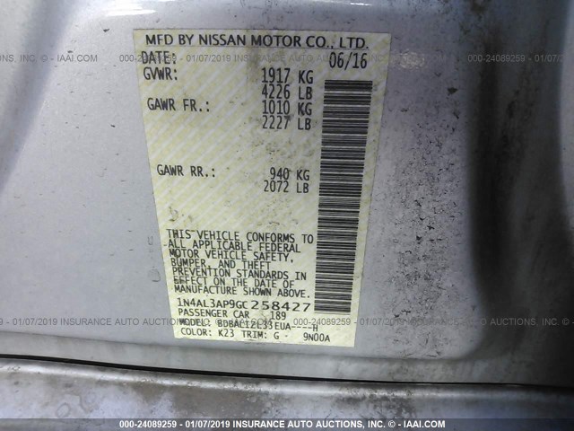 1N4AL3AP9GC258427 - 2016 NISSAN ALTIMA 2.5/S/SV/SL/SR SILVER photo 9