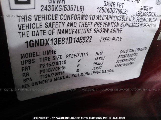 1GNDX13E81D148523 - 2001 CHEVROLET VENTURE LUXURY RED photo 9