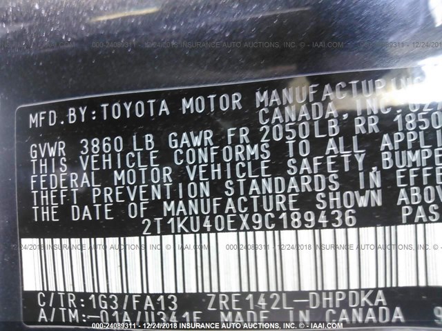 2T1KU40EX9C189436 - 2009 TOYOTA COROLLA MATRIX  GRAY photo 9