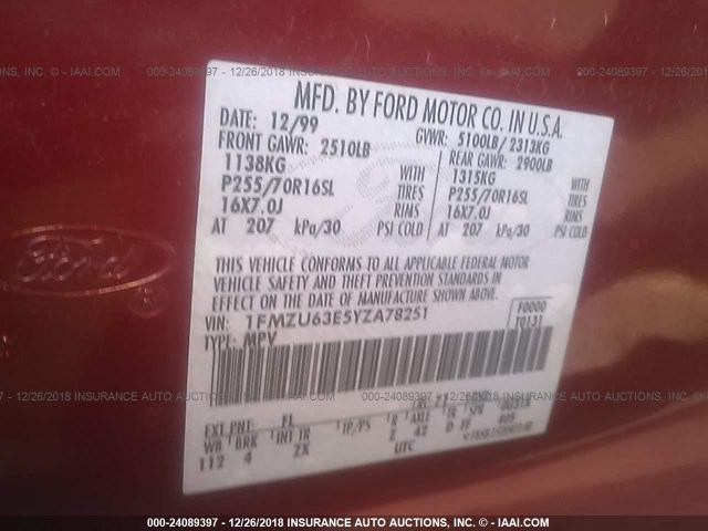 1FMZU63E5YZA78251 - 2000 FORD EXPLORER XLT RED photo 9