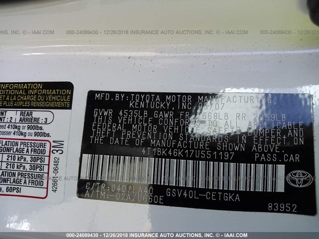 4T1BK46K17U551197 - 2007 TOYOTA CAMRY NEW GENERAT LE/XLE/SE WHITE photo 9