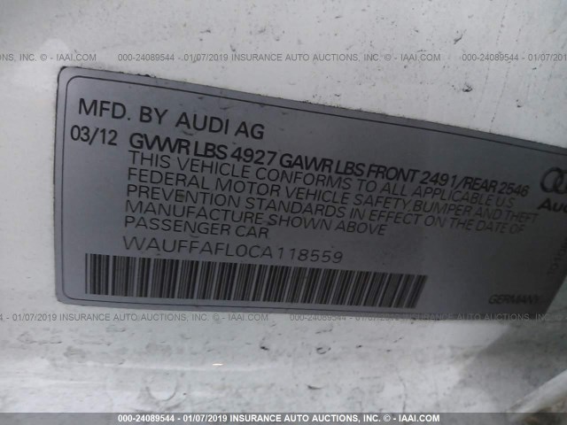 WAUFFAFL0CA118559 - 2012 AUDI A4 PREMIUM PLUS WHITE photo 9