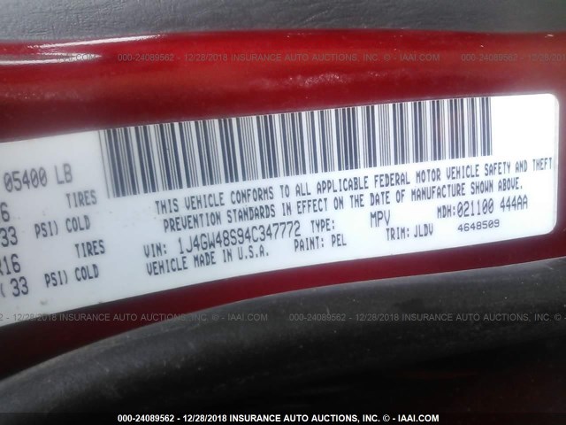 1J4GW48S94C347772 - 2004 JEEP GRAND CHEROKEE LAREDO/COLUMBIA/FREEDOM 红色 照片 9