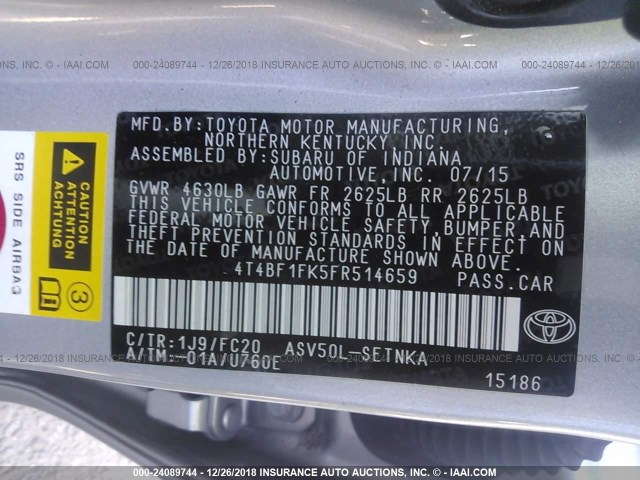 4T4BF1FK5FR514659 - 2015 TOYOTA CAMRY LE/XLE/SE/XSE SILVER photo 9