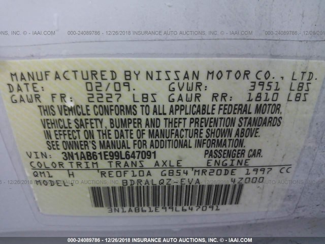 3N1AB61E99L647091 - 2009 NISSAN SENTRA 2.0/2.0S/2.0SL WHITE photo 9