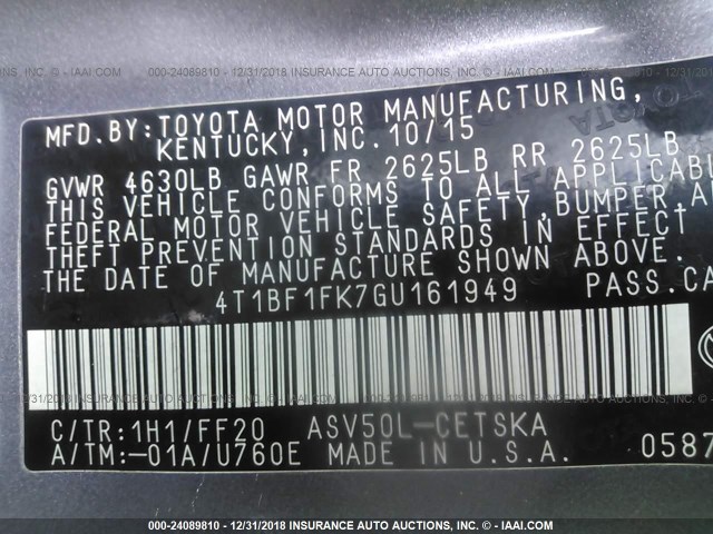 4T1BF1FK7GU161949 - 2016 TOYOTA CAMRY LE/XLE/SE/XSE ნაცრისფერი ფოტო 9