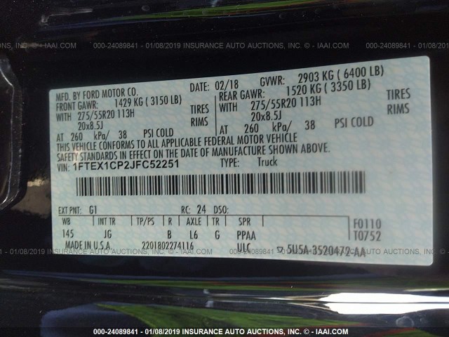 1FTEX1CP2JFC52251 - 2018 FORD F150 SUPER CAB BLACK photo 9