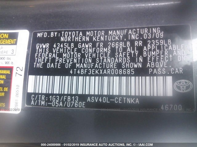 4T4BF3EKXAR008685 - 2010 TOYOTA CAMRY SE/LE/XLE GRAY photo 9